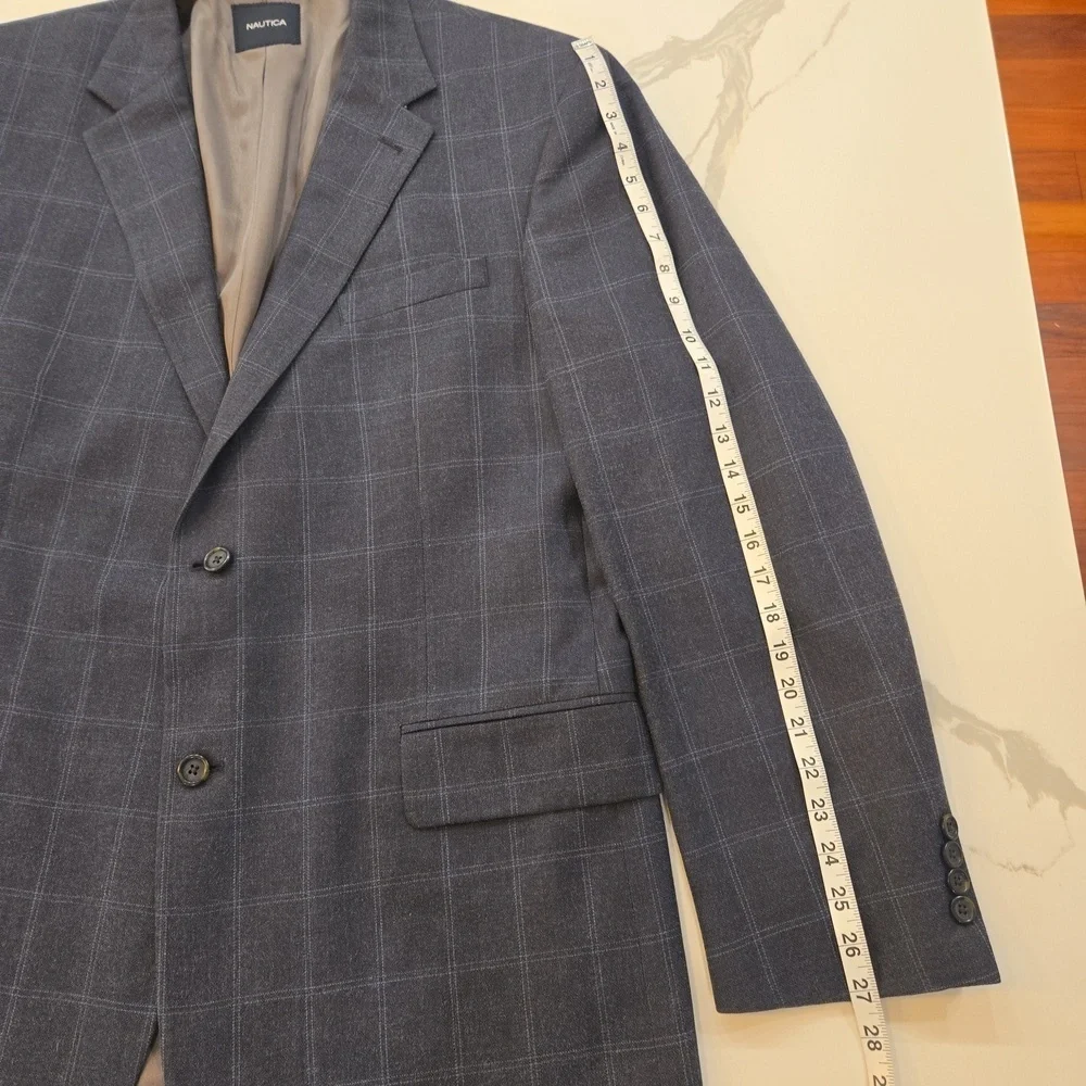 Nautica Mens Silk Wool Plaid Blazer Sports Coat Blue Gray Size 46